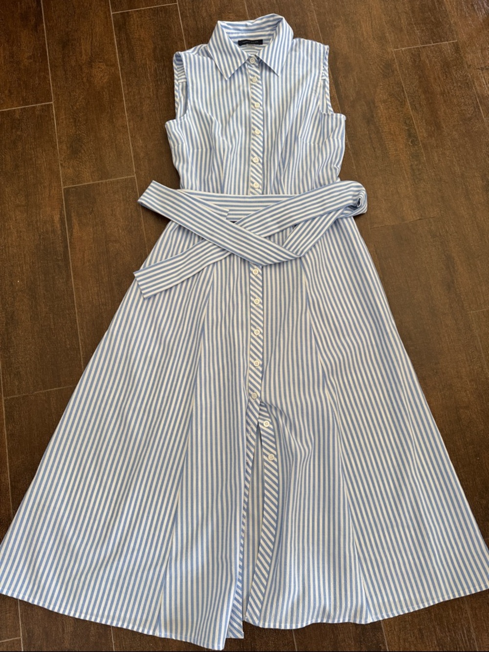 Sleeveless Blue and White Stripe Shirt Dress with removable Waist Tie